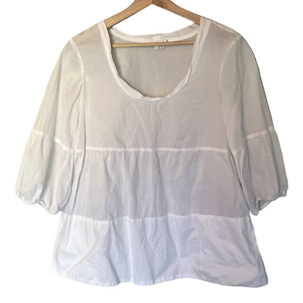 Vince Cotton Lightweight Peasant Tiered Top 3/4 Sleeves White SZ Medium Cottage